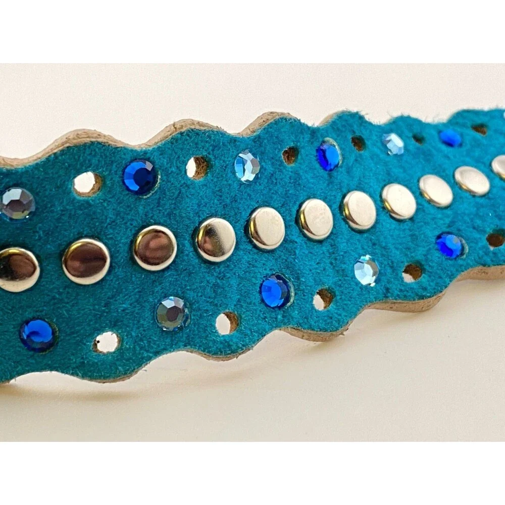 Vtg Leather Western Belt Womens S Rhinestone Studs Cowgirl Turquoise Blue Suede